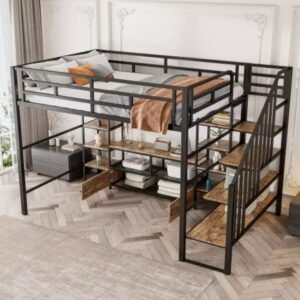 Full Size Metal Loft Bed with Staircase Storage Table and Shelves