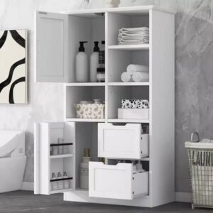 White Freestanding Bathroom Storage Cabinet with Open Shelf & Multiple Compartments