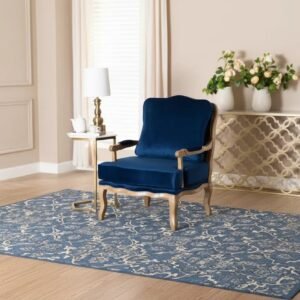 Traditional Navy Blue Fabric Accent Chair French Oak Wood